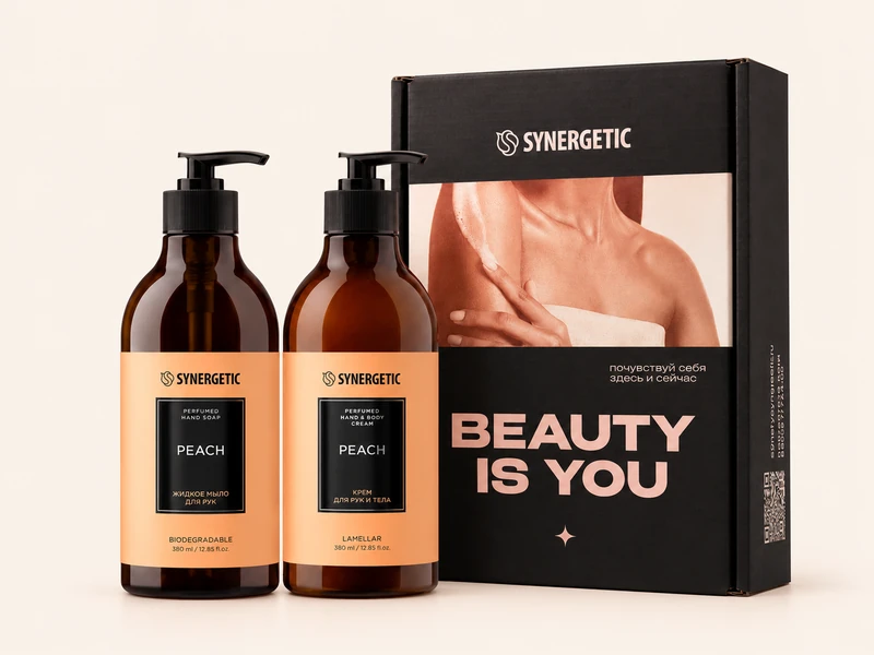 Подарочный набор SYNERGETIC Selected Peach: мыло и крем, 2 × 380 мл